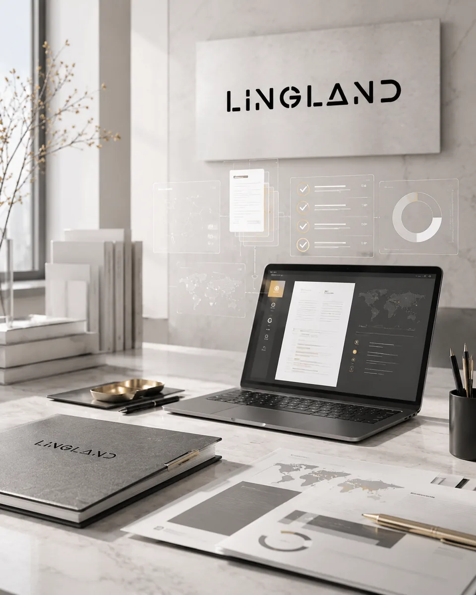 Premium workspace Lingland z logo, dokumentami i systemem analizy jakości tłumaczeń